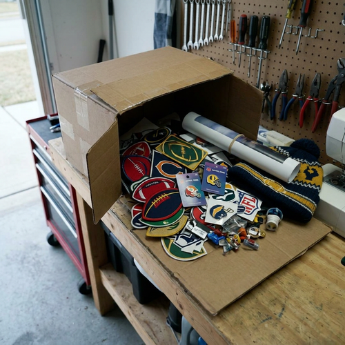 Larry's Mystery Box packed with football patches, pins and stickers