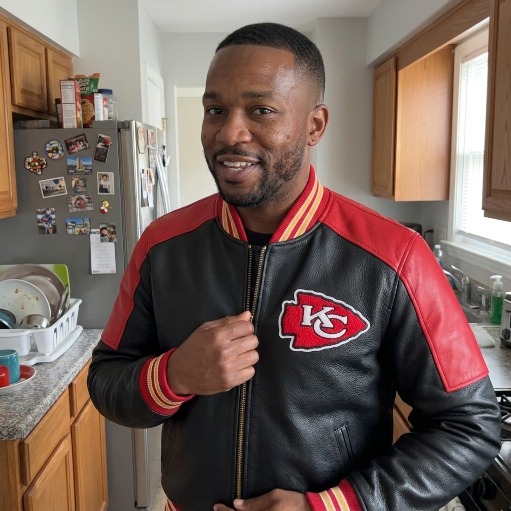 Customer wearing the Kansas City Chiefs leather varsity jacket