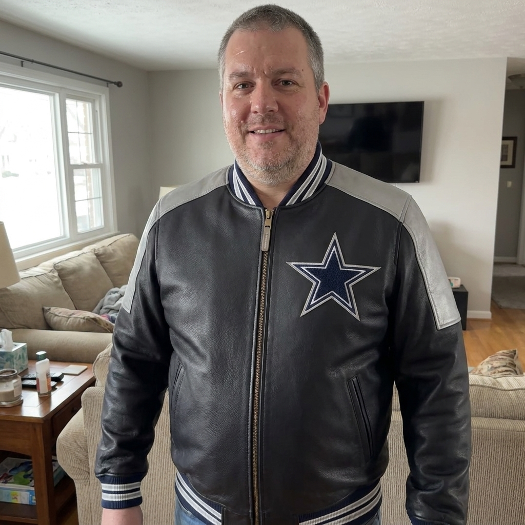 Customer wearing the Dallas Cowboys leather varsity jacket